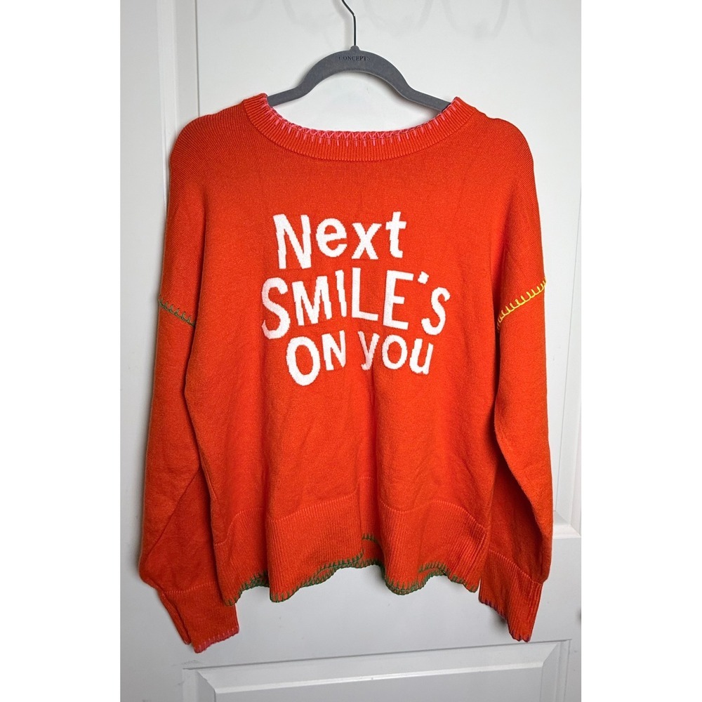 Kerri Rosenthal XO KR NWT Next Smile's On You Sweater Orange L Smiley Patch